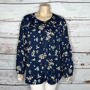 Sonoma Women’s Plus Sz 4X Navy Blue - Floral Print Button Down Peasant Shirt Top